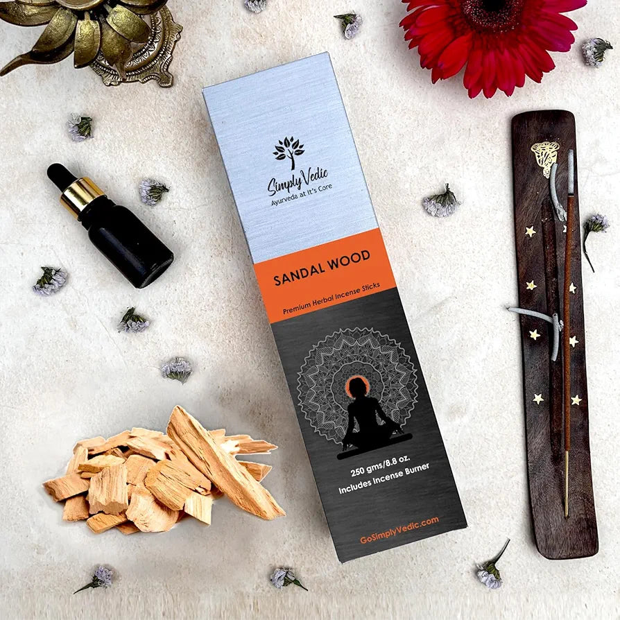 Simply Vedic Sandalwood Incense Sticks 250g  with Free Holder | 45 Min Burn | Natural Charcoal-Free Agarbatti for Meditation, Yoga, Aromatherapy, Relaxation